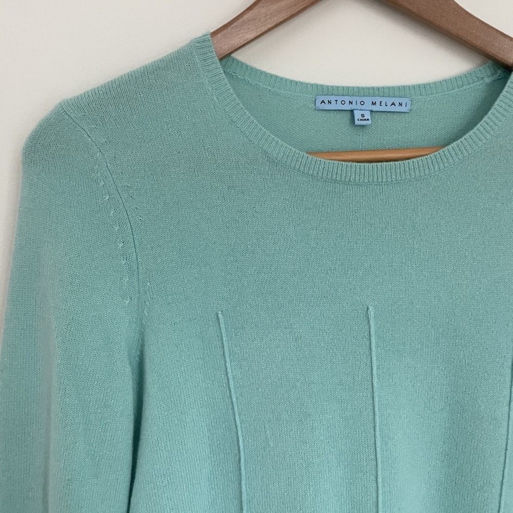 100% Cashmere Antonio Melani Sweater Aqua Peplum Hem Small Career Quite Luxury - Picture 2 of 16